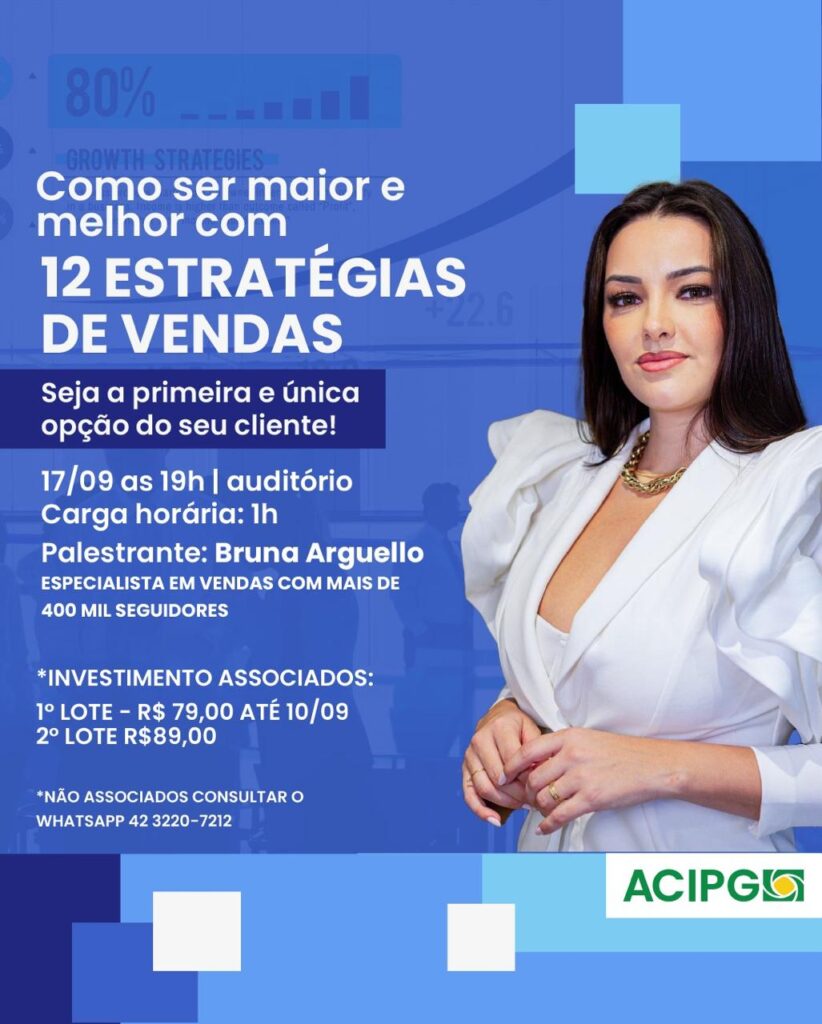 Quer aprender técnicas que podem impulsionar suas vendas e tornar seu negócio mais competitivo? A Associação Comercial, Industrial e Empresarial de Ponta Grossa (ACIPG) realizará uma palestra na próxima semana com o objetivo de ajudar empresários e colaboradores a aprimorar suas técnicas de vendas